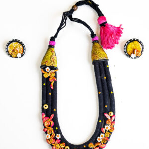Black & Gold Floral Cascade Necklace – Handcrafted Clay Jewellery Set with Tassel | Bold Ethnic Jewellery for Professional Women