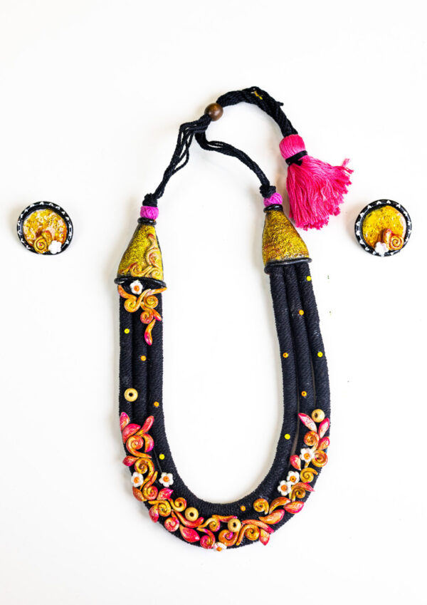Black & Gold Floral Cascade Necklace – Handcrafted Clay Jewellery Set with Tassel | Bold Ethnic Jewellery for Professional Women
