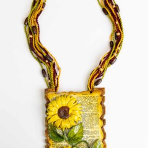 Vintage Sunflower Script Necklace – Handcrafted Clay Pendant with Beaded Strands | Unique Ethnic Jewellery for Professional Women