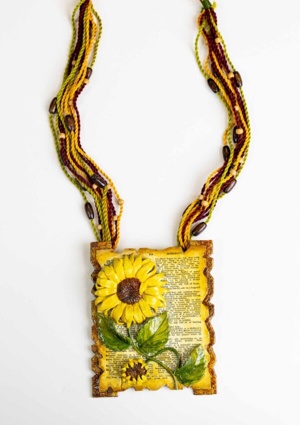 Vintage Sunflower Script Necklace – Handcrafted Clay Pendant with Beaded Strands | Unique Ethnic Jewellery for Professional Women