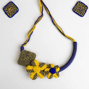 Blue & Yellow Knotted Floral Necklace – Handcrafted Clay Jewellery Set | Unique Ethnic Jewellery for Confident Women