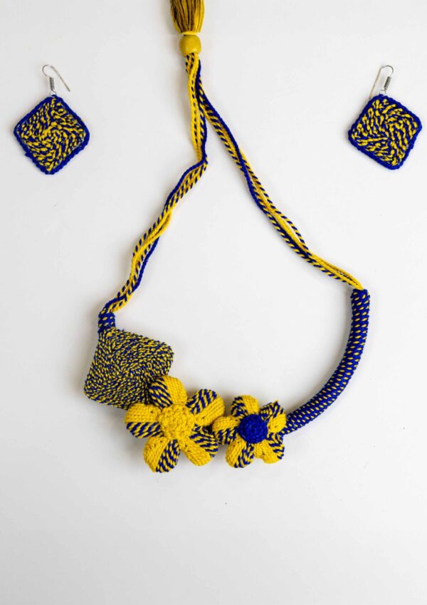 Blue & Yellow Knotted Floral Necklace – Handcrafted Clay Jewellery Set | Unique Ethnic Jewellery for Confident Women