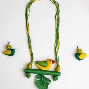 Yellow Bird on Green Perch Necklace – Handcrafted Clay Jewellery Set | Unique Ethnic Jewellery for Nature-Loving Women