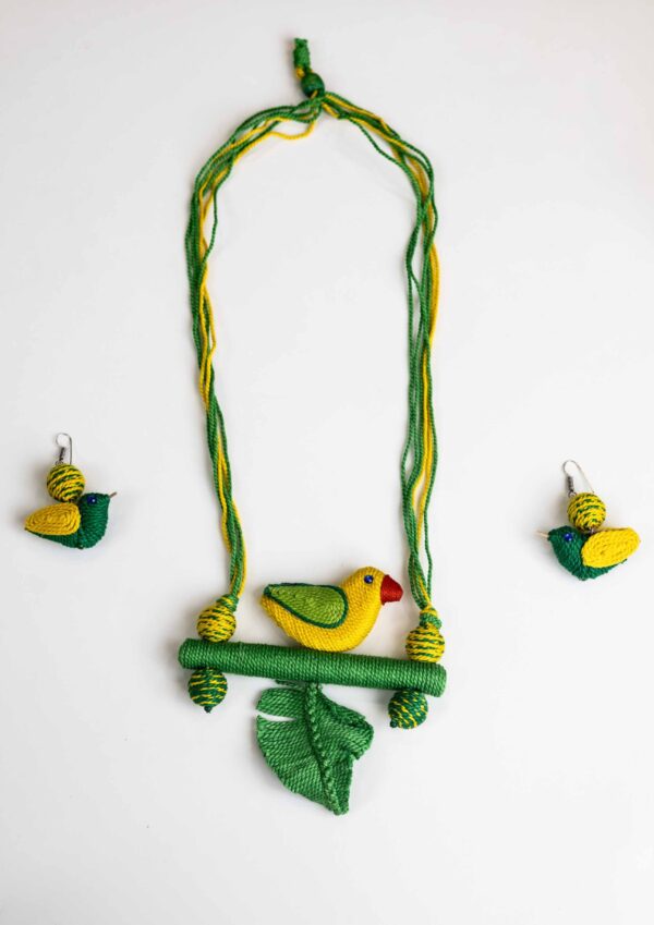 Yellow Bird on Green Perch Necklace – Handcrafted Clay Jewellery Set | Unique Ethnic Jewellery for Nature-Loving Women