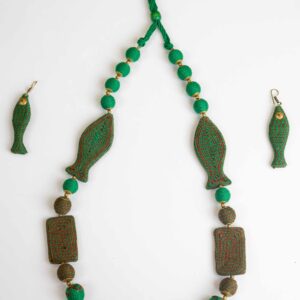 Green Tribal Fish Necklace – Handcrafted Clay Jewellery Set | Rustic Ethnic Jewellery for Artistic Women