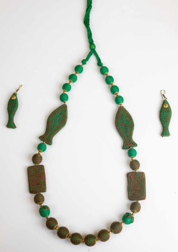 Green Tribal Fish Necklace – Handcrafted Clay Jewellery Set | Rustic Ethnic Jewellery for Artistic Women