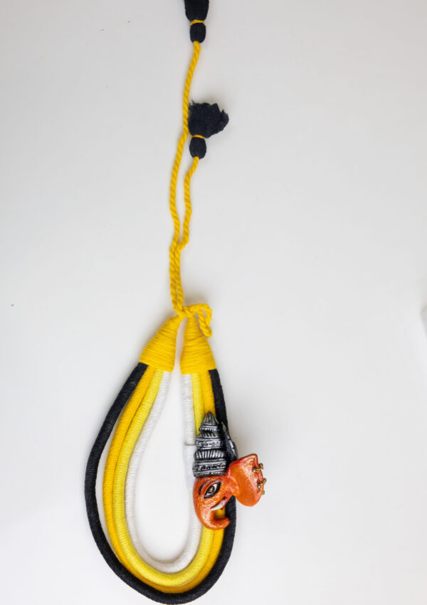 Tribal Mask & Temple Necklace – Handcrafted Clay Pendant with Yellow & Black Cords | Bold Ethnic Jewellery for Powerful Women