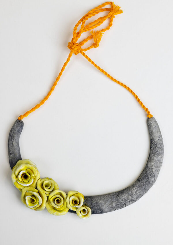 Yellow Rose on Stone Crescent Necklace – Handcrafted Clay Jewellery | Minimalist Ethnic Jewellery for Professional Women