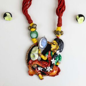 Traditional Woman in Mirror Pendant – Handcrafted Clay Necklace & Earrings Set | Artistic Ethnic Jewellery for Cultural Elegance