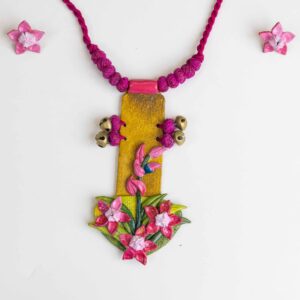 Pink Blossom & Bell Pendant Necklace – Handcrafted Clay Jewellery Set | Artistic Ethnic Jewellery for Professional Women