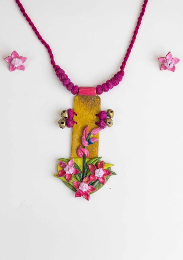 Pink Blossom & Bell Pendant Necklace – Handcrafted Clay Jewellery Set | Artistic Ethnic Jewellery for Professional Women